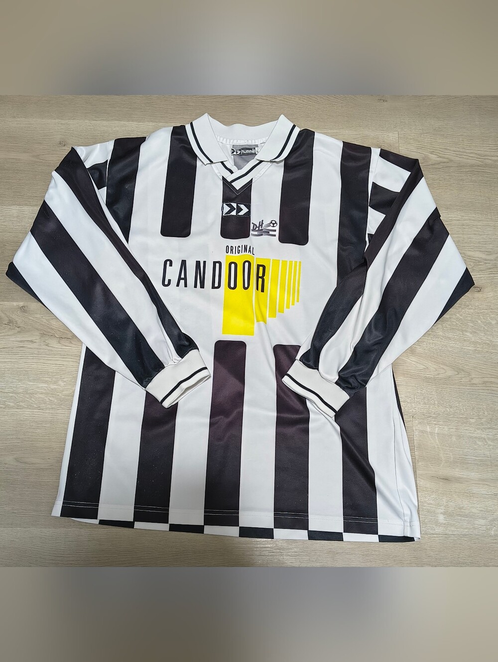 Vintage '90 Hummel Black & White Striped Soccer Jersey with Yellow Accent #6